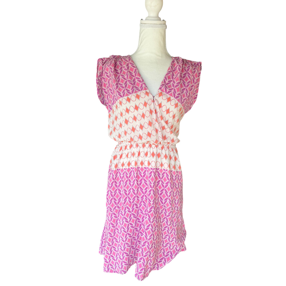 Presley Skye May Print Lined Silk V-Neck Pink Dress Size PXS